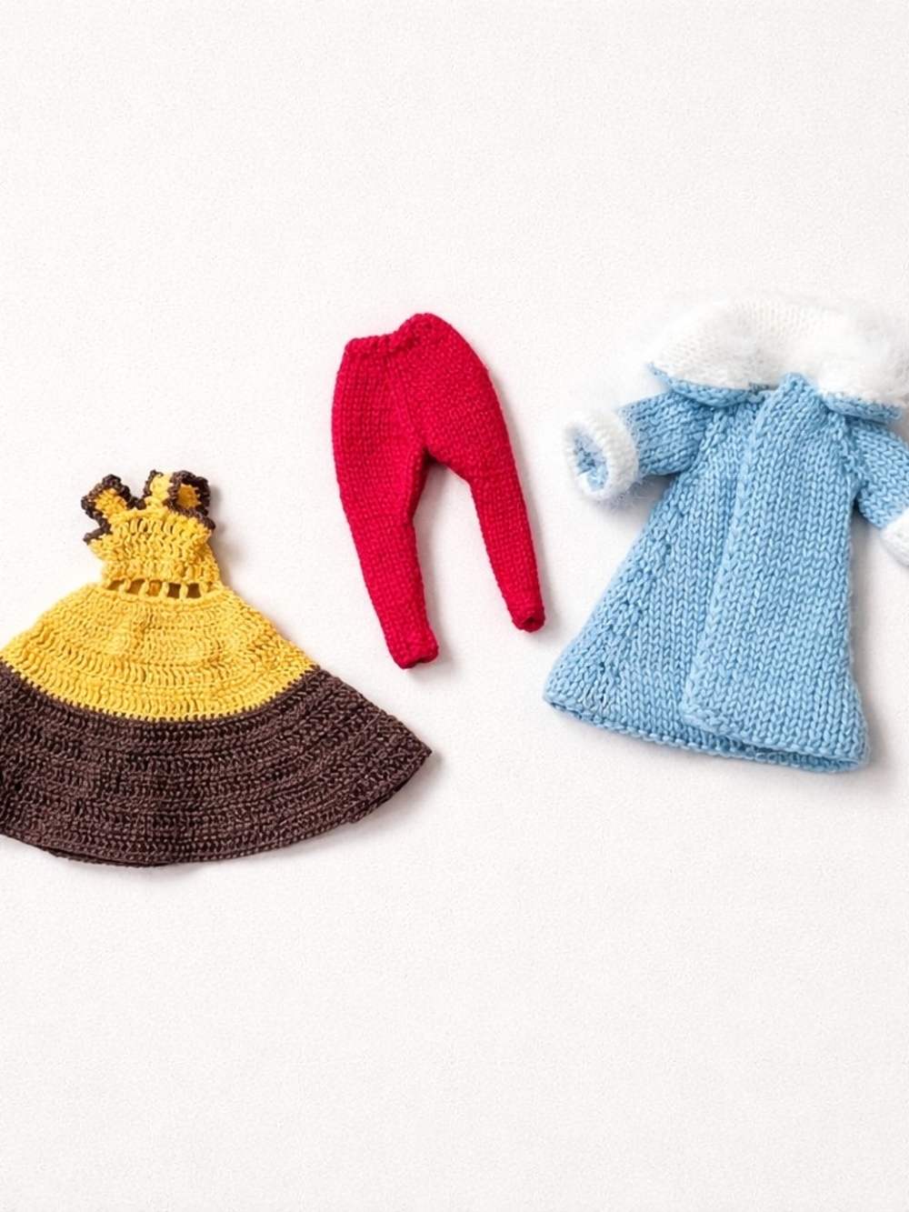 1950 Hand-Knit Doll Outfit Set in Yellow, Brown, Red, and Light Blue